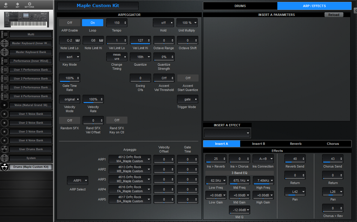 Click to display the Yamaha Motif XF 6 Drums - Arp / Effects Editor