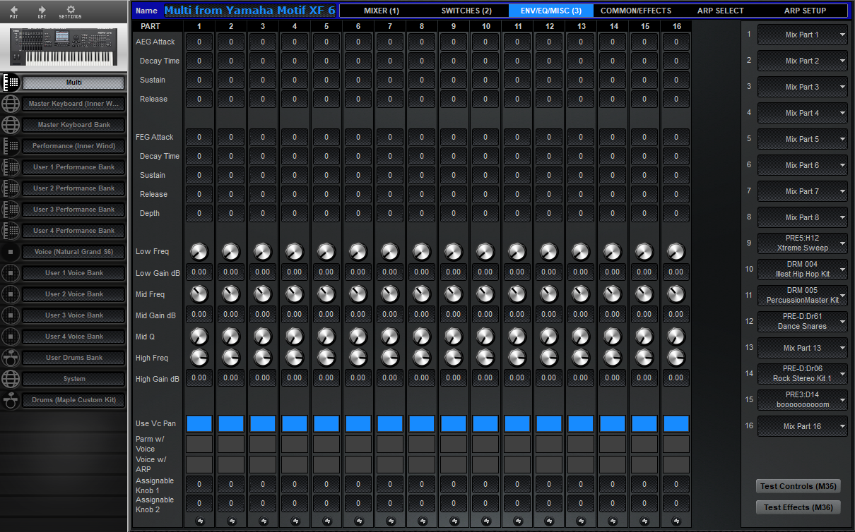 Click to display the Yamaha Motif XF 6 Multi - Env/EQ/MIsc (3) Editor