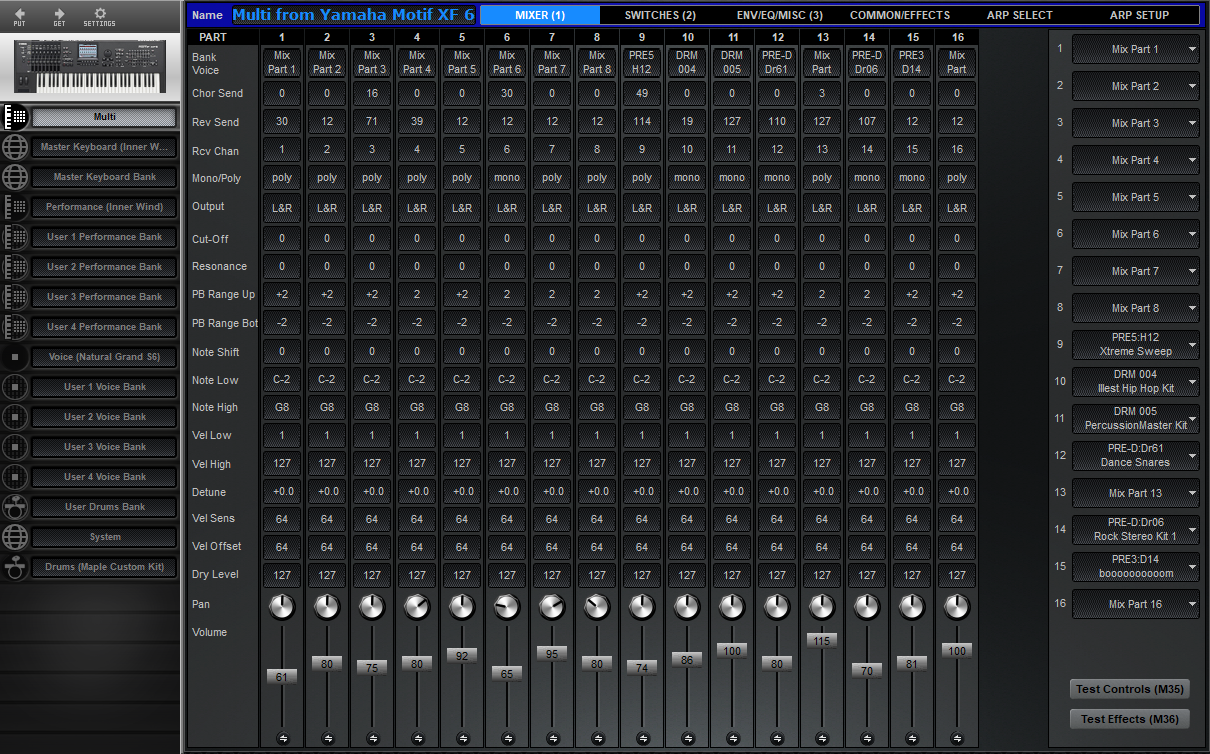 Click to display the Yamaha Motif XF 6 Multi - Mixer (1) Editor
