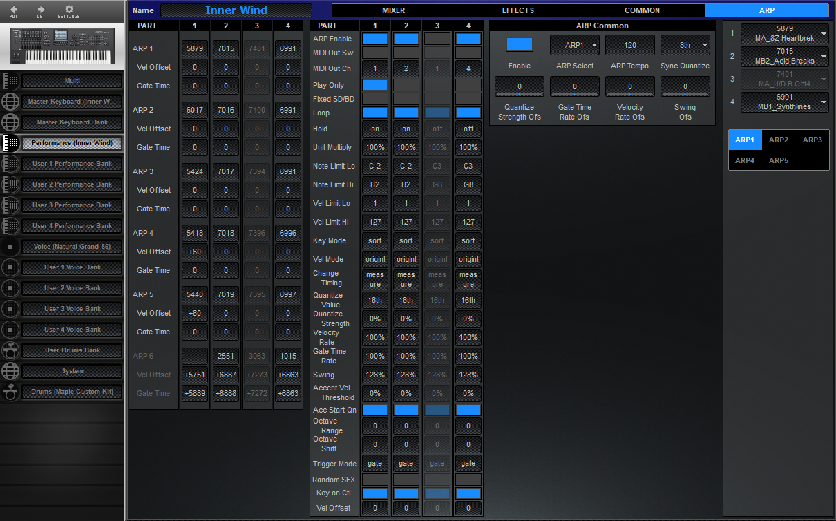 Click to display the Yamaha Motif XF 6 Performance - Arp Editor