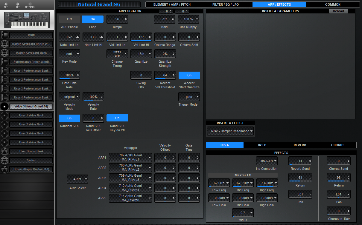 Click to display the Yamaha Motif XF 6 Voice - Arp / Effects Editor