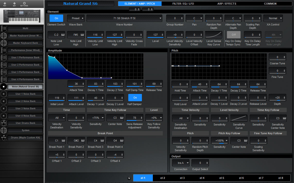 Click to display the Yamaha Motif XF 6 Voice - Element / Amp / Pitch Editor